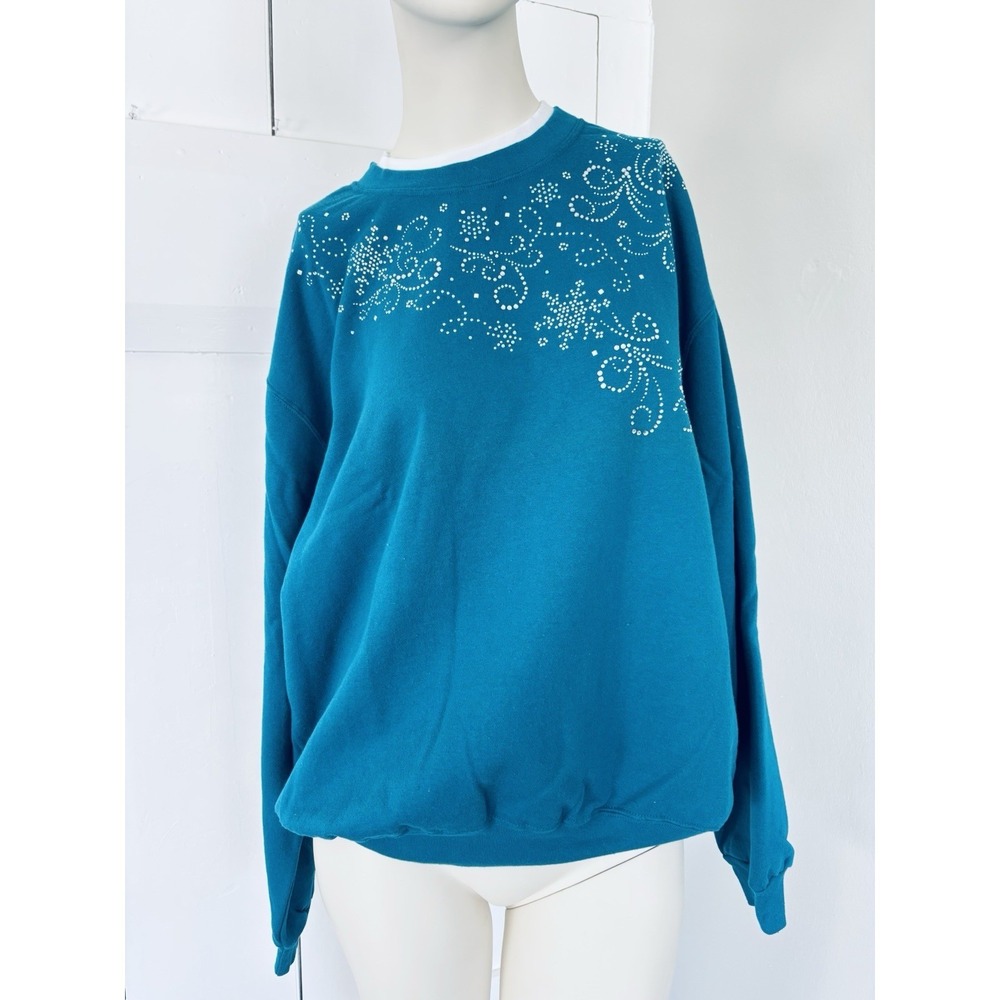 Decorated Originals Womens Blue Rhinestone Snowflake Holiday Sweatshirt Large